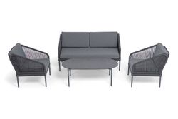 "Канны" лаунж-зона 4-местная (разборная) из роупа со столиком "Диего" цвета "серый гранит", роуп темно-серый круглый, ткань темно-серая