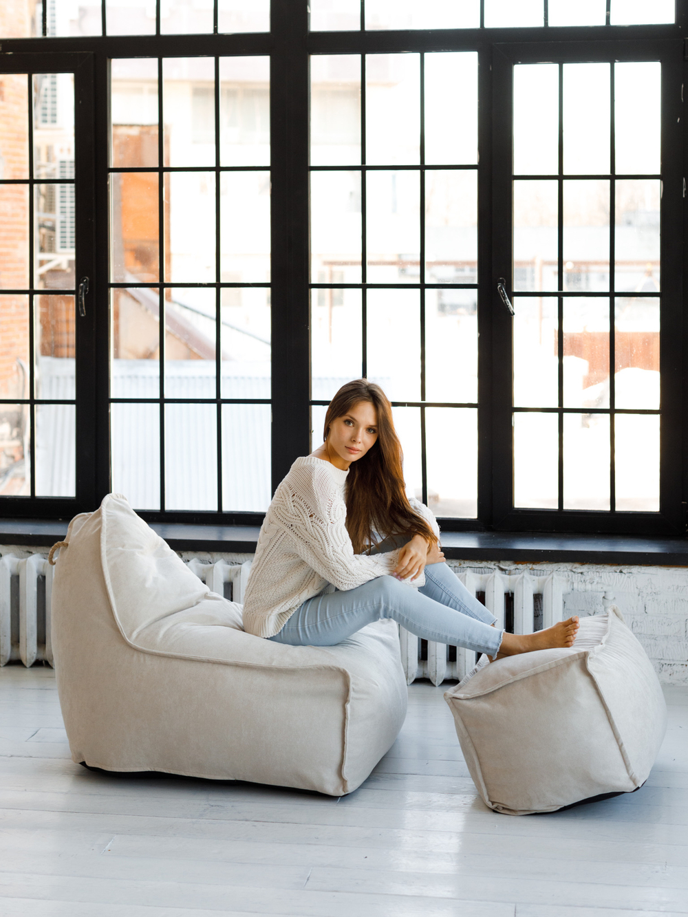 Кресло Манхеттен Светло-бежевое с Пуфом