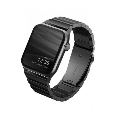 Стальной блочный браслет Uniq Strova для Apple Watch 44, 45, 46 мм и Ultra 2–3 Браслет из нержавеющей стали марки AISI 304 с раскладывающейся застёжкой. На запястье обхватом 120–210 мм