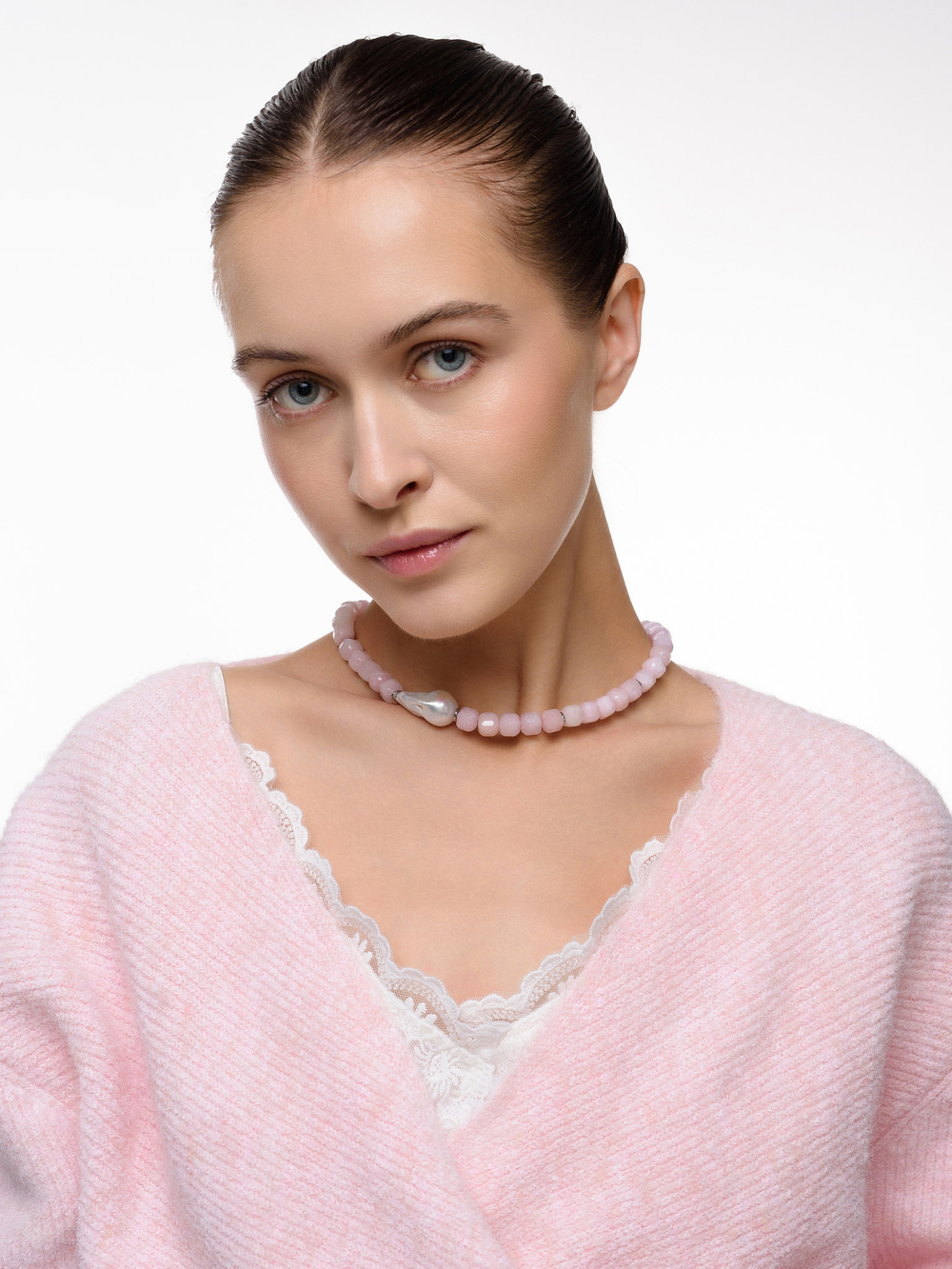 Колье "Pearl caramel pink" Silver