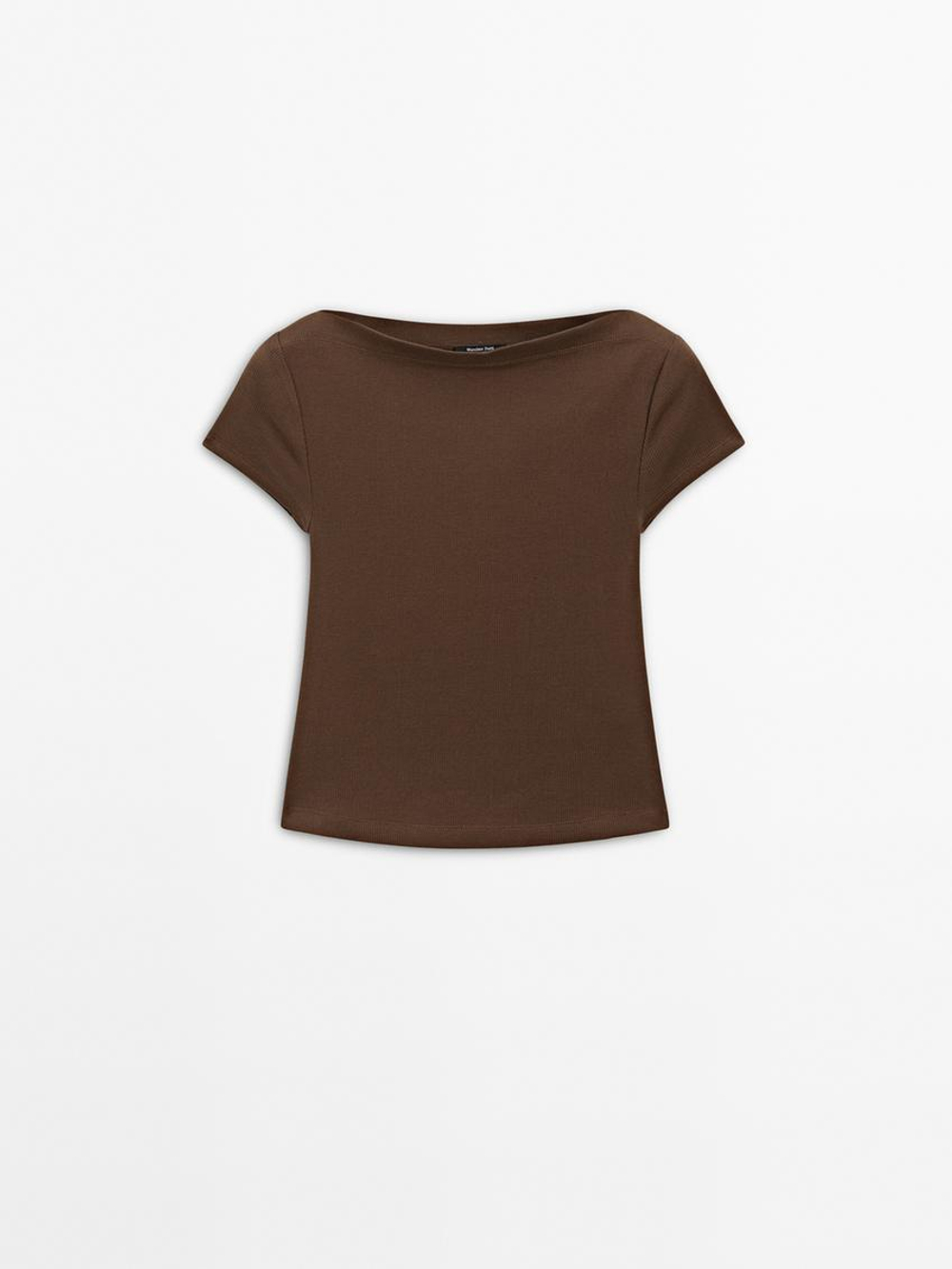 Massimo Dutti Футболка из 100% хлопка в рубчик, коричневый