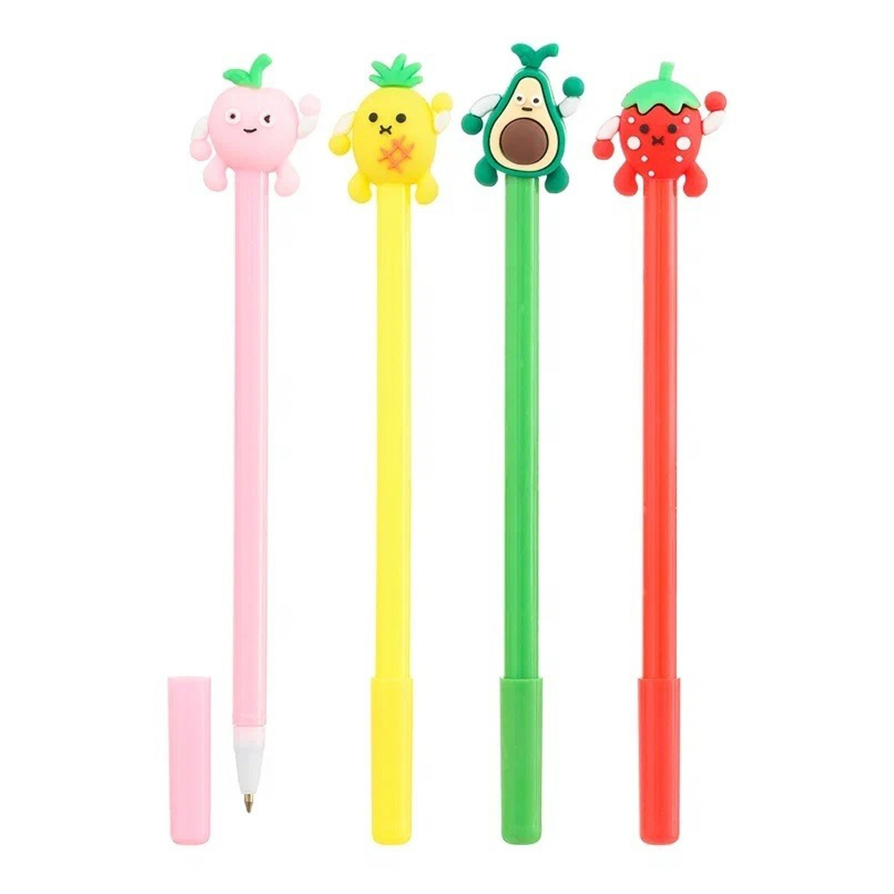 Ручка шариковая, Basir, синие чернила, с насадкой-игрушкой, серия "ФРУКТЫ", разноцветный корпус, 12 шт