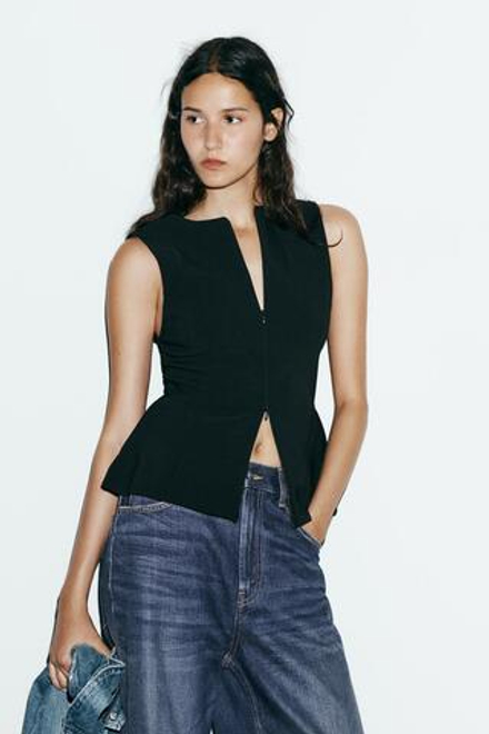 ZARA ТОП ОБЛЕГАЮЩЕГО КРОЯ С ЗАСТЕЖКОЙ-МОЛНИЕЙ, ЧЕРНЫЙ