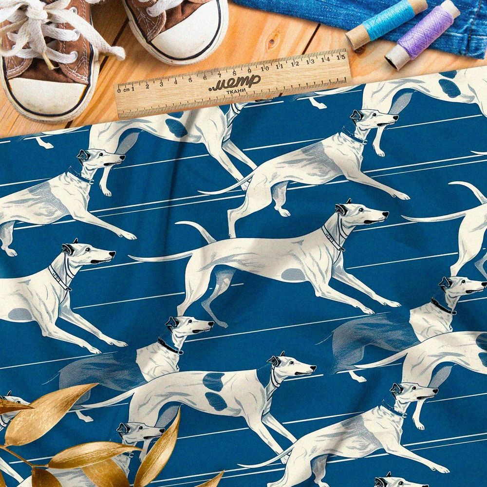 Ткань премиум бифлекс гончие на серо-голубом