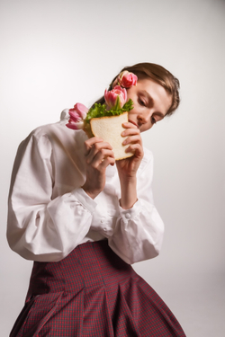 Блузка с рюшами и воротником-стоечкой из смесового льна, Айвори