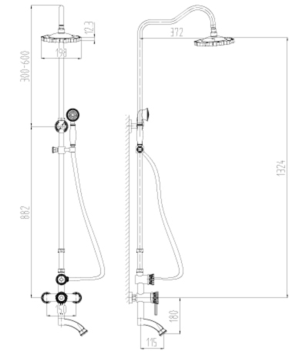 Смеситель для ванны и душа с регулируемой высотой штанги, поворотным изливом и верхней душевой лейкой "Тропический дождь" LEMARK JASMINE – LM6662B