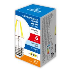 LED-A60-6W-4000K-E27-CL-SLF Лампа светодиодная. Форма A. прозрачная. Белый свет 4000K. ТМ Volpe