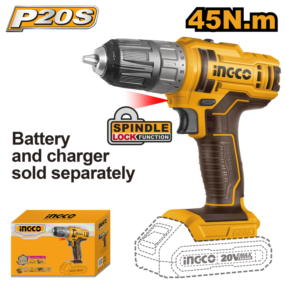 Аккумуляторный шуруповерт INGCO CDLI200515 20 В 45 Нм 15+1