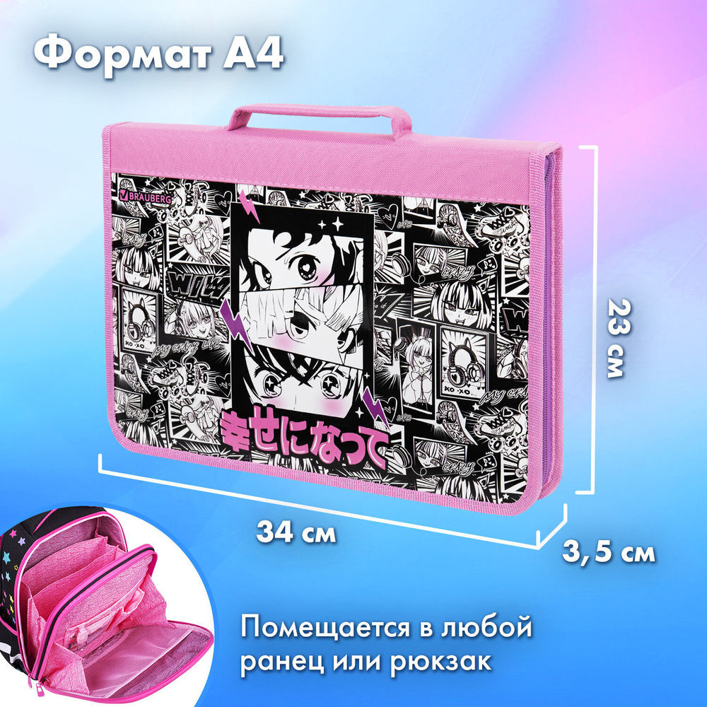 Папка на молнии BRAUBERG А4 с ручкой с органайзером 1 отделение "Anime movie" (2 штуки в упаковке)