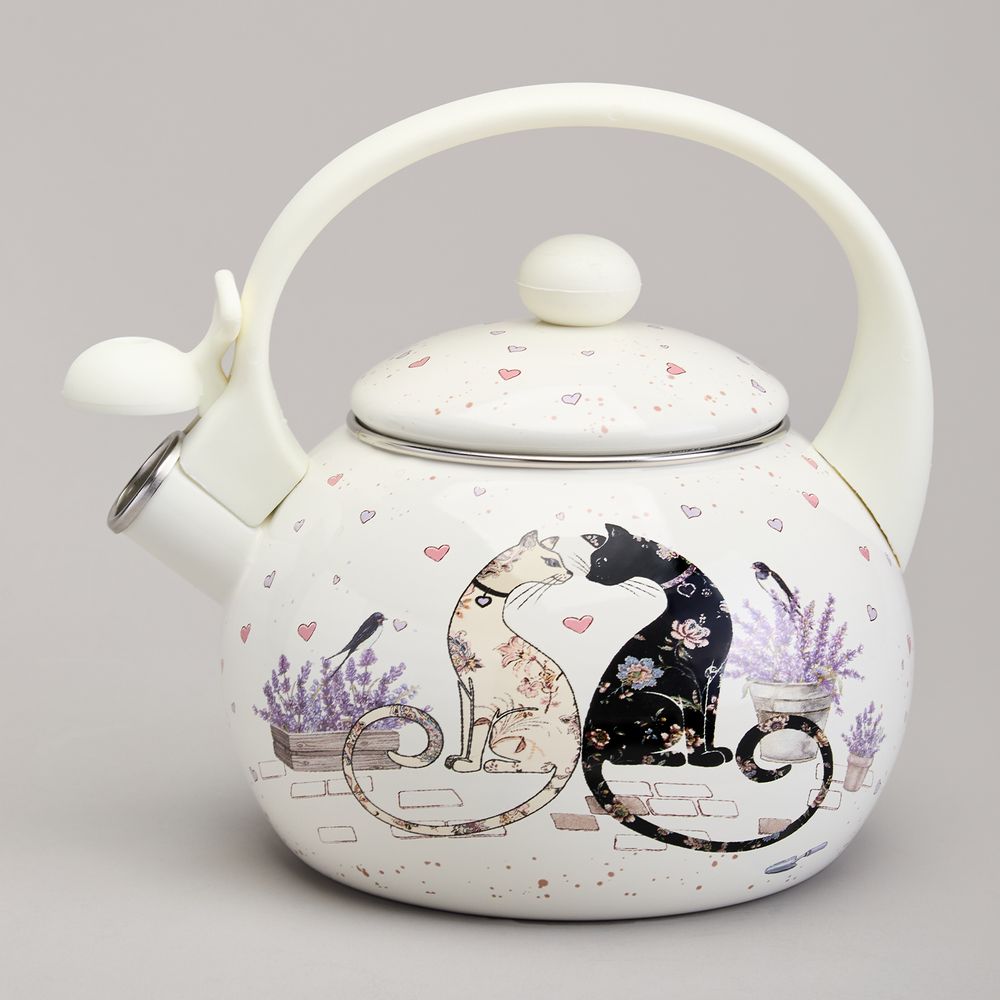 ЧАЙНИК AGNESS ЭМАЛИРОВАННЫЙ СО СВИСТКОМ СЕРИЯ "LAVENDER CATS", 2,2 Л