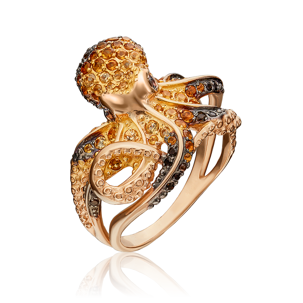 Кольцо «Осьминог» из красного золота с цитринами и кварцем дымчатым