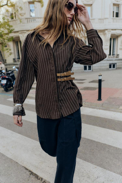 ZARA РУБАШКА В ПОЛОСКУ С ПРЯЖКАМИ, КОРИЧНЕВЫЙ/ЭКРЮ