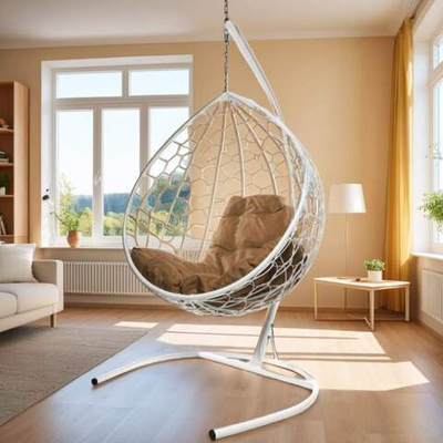 Кресло подвесное Кокон Капля ротанг белый, подушка цвет в ассортименте