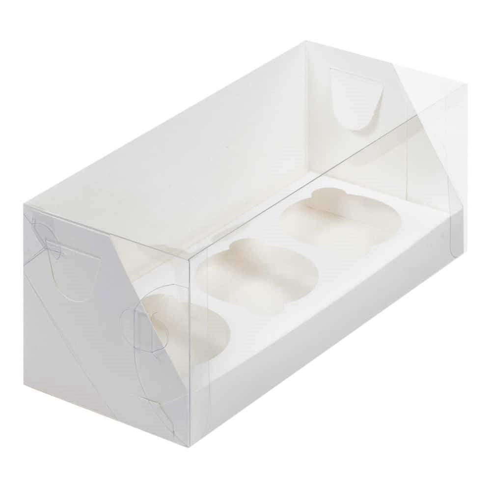 Коробка для 3 капкейков БЕЛАЯ с пластиковой крышкой 24 х 10 х 10 см