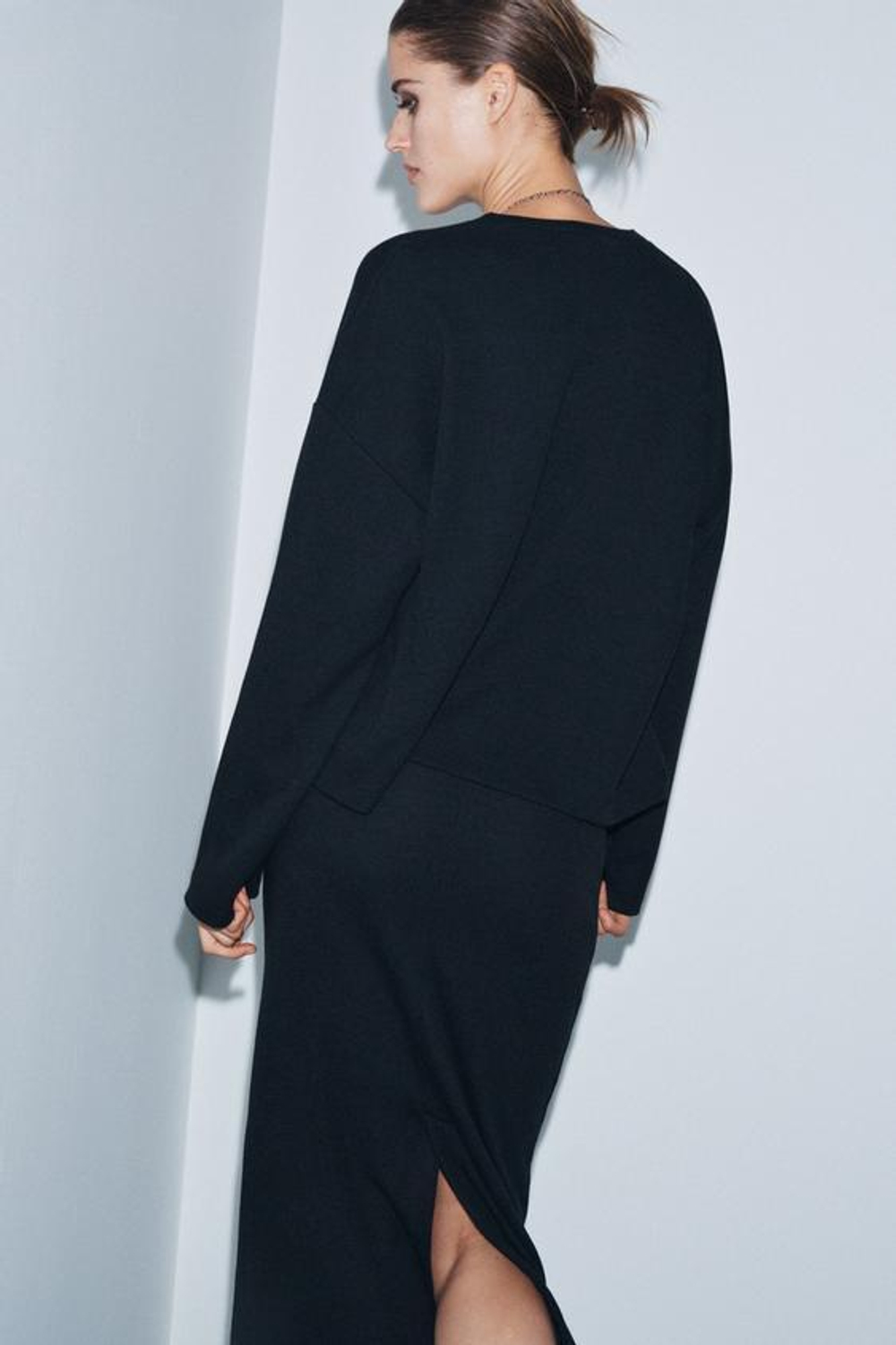 ZARA ЮБКА МИДИ ИЗ МЯГКОЙ ТКАНИ, ЧЕРНЫЙ МЕЛАНЖ