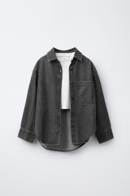 ZARA КОМПЛЕКТ: ДЖИНСОВАЯ РУБАШКА И ФУТБОЛКА В РУБЧИК, ЧЕРНЫЙ