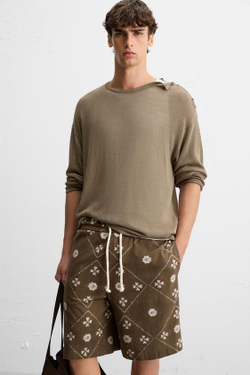 ZARA ШОРТЫ-БЕРМУДЫ С КОНТРАСТНЫМ ПРИНТОМ, ТЕМНЫЙ ХАКИ