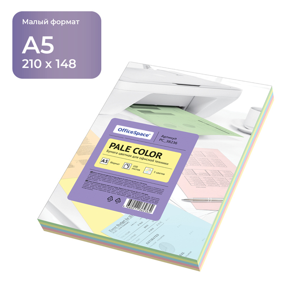 Бумага цветная OfficeSpace "Pale Color", A5, 80 г/м², 100л., (5 цветов) И