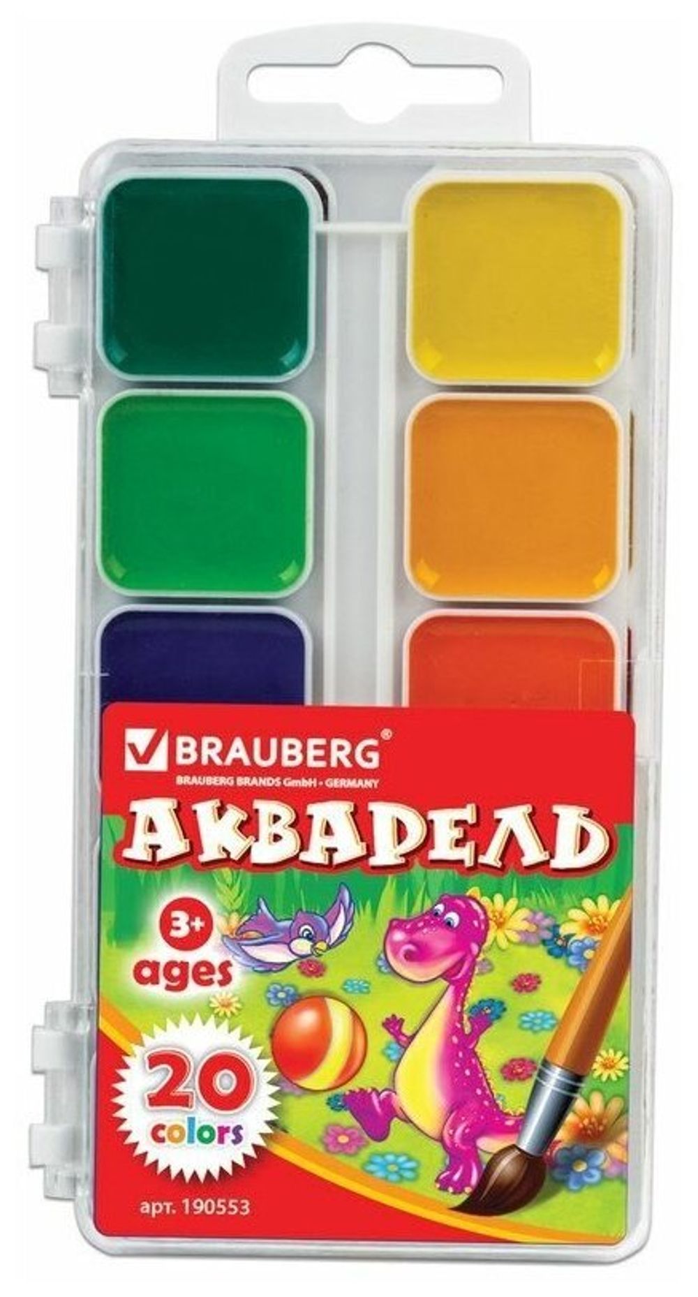 Краски акварельные BRAUBERG "АКАДЕМИЯ", 20 цветов, медовые, квадратные кюветы, пластиковый пенал, 190553