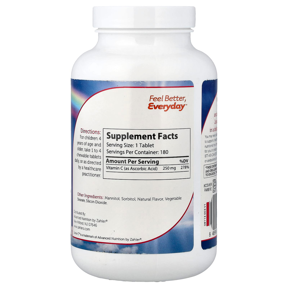 Zahler, Junior C™, улучшенная формула жевательного витамина C, с натуральным апельсиновым вкусом, 250 мг, 180 жевательных таблеток