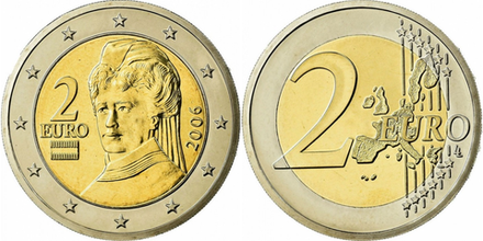 Австрия 2 евро, 2002-2006 Берта фон Зутнер XF