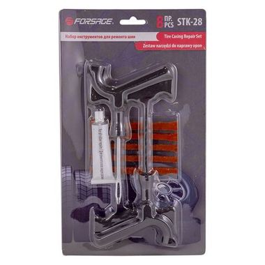 Набор инструментов для ремонта шин 8пр.(шило,протяжка-''мелкая спираль'',шнуры-5шт,клей), в блистере Forsage F-STK-28