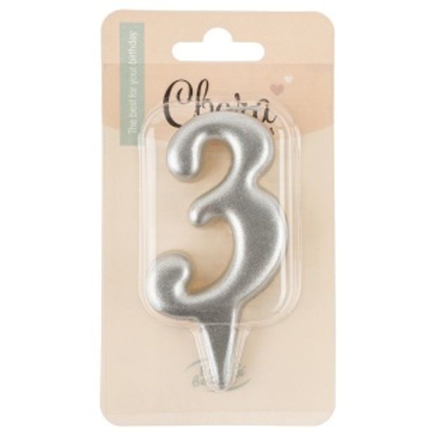 Свеча Цифра, 3 Овал, Серебро, Металлик, 7 см, 1 шт. с держат.