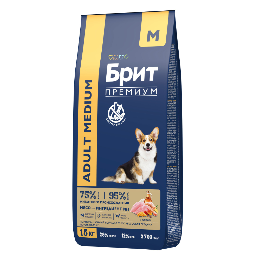 Сухой корм БРИТ ПРЕМИУМ Dog Adult Medium Chicken с курицей для взрослых собак средних пород 15 кг