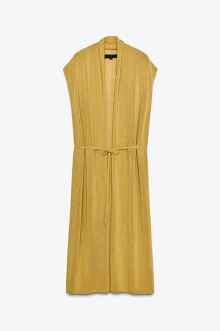 ZARA ДЛИННЫЙ ТРИКОТАЖНЫЙ ЖИЛЕТ ИЗ СМЕСОВОГО ЛЬНА, ЦВЕТ ОЛИВКОВОГО МАСЛА