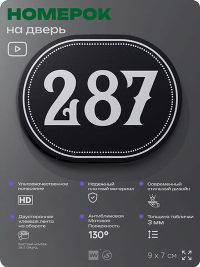 Номерок на дверь квартиры 287, для кабинета, офиса, шильдик 9 х 7 см, черный, Айдентика Технолоджи