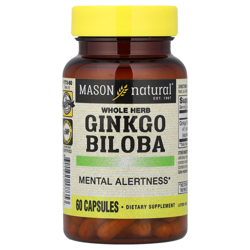 Mason Natural, цельное растение гинкго билоба, 60 капсул (125 мг в 1 капсуле)