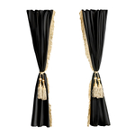 Шторы спального места с прихватами "Кисти" бежевые в кабину Volvo, Scania, MAN, DAF, Merc, Камаз, Sitrak, Shacman, Foton, FAW. Высота 1,5м, ширина одной стороны - 1,15м. Блэкаут, велюр. Черный цвет с бежевой бахромой и бежевыми кистями