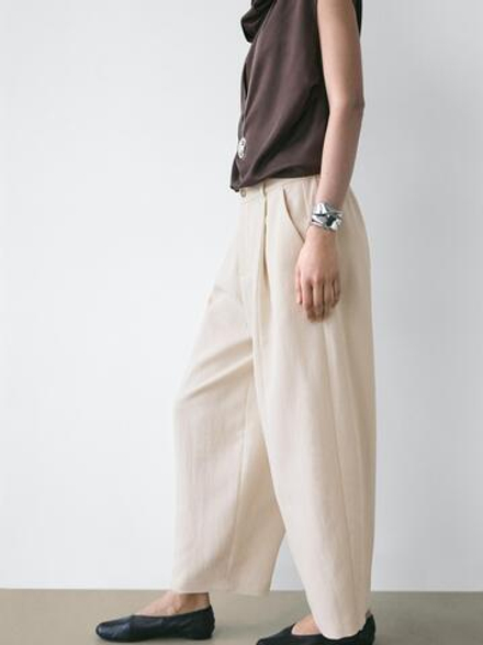 Massimo Dutti Свободные брюки с эластичным поясом, кремовый