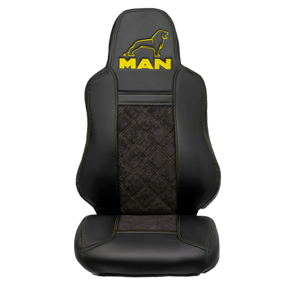 Чехлы MAN TGX, TGS с 2021 года без регулировки ремня безопасности водителя по высоте (экокожа, желтая строчка)