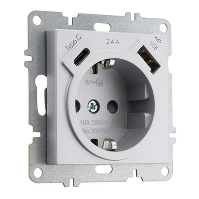 Розетка с заземлением ARVIA Electric, со шторками, 16А 250В, с устройством зарядным USB (A+C) 5В 2.4А, металлик 50032000301