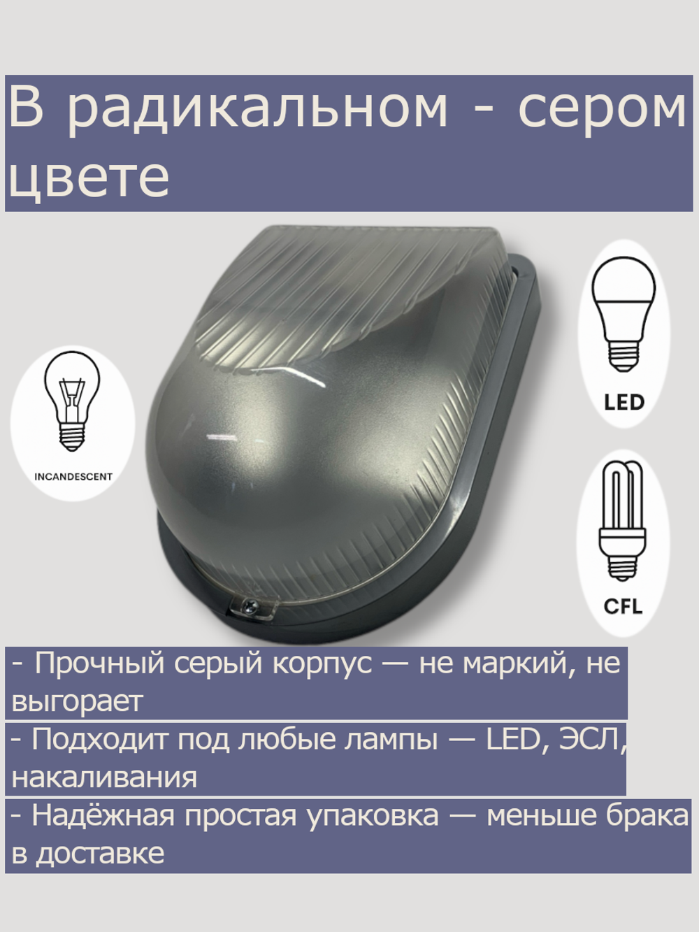 ABS серия. Светильник настенный влагозащищенный IP54, E27, ударопрочный поликарбонат, для гаража, мастерской и подвала, серый