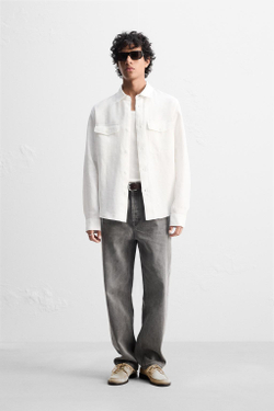 ZARA КУРТКА-РУБАШКА ИЗ 100% ЛЬНА, БЕЛЫЙ