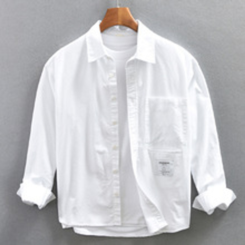 Белая хлопковая рубашка мужская с длинными рукавами и накладным карманом