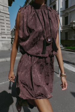 ZARA МИНИ-ПЛАТЬЕ ОБЪЕМНОЕ ИЗ ЖАККАРДА, КОРИЧНЕВЫЙ