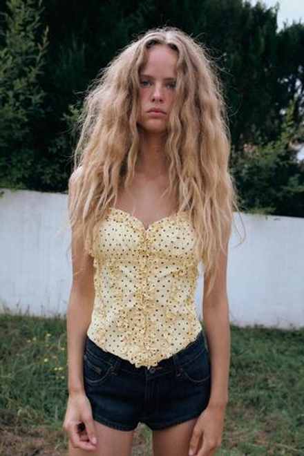 ZARA ТОП ИЗ ПОПЛИНА В ГОРОШЕК С ВОЛАНАМИ, ЖЕЛТЫЙ