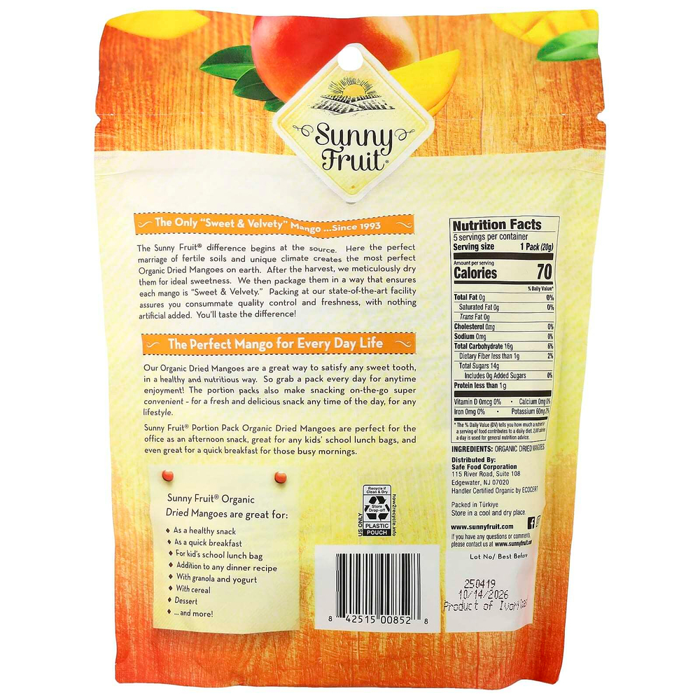 Sunny Fruit, органическое сушеное манго, 5 порционных пакетиков по 20 г (0,7 унции)