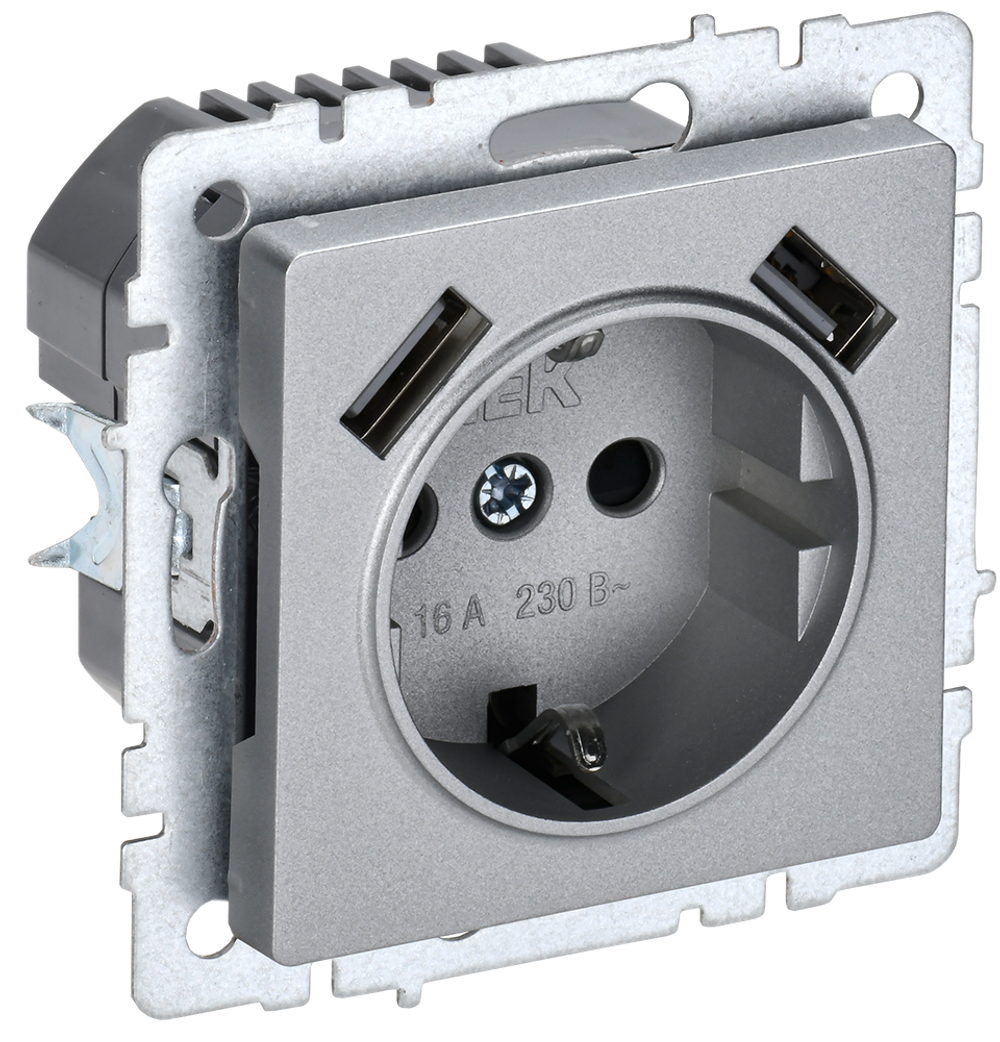BRITE Розетка 1-местная с заземлением с защитными шторками 16А с USB A+A 5В 2,1А РЮш10-1-БрА алюминий IEK