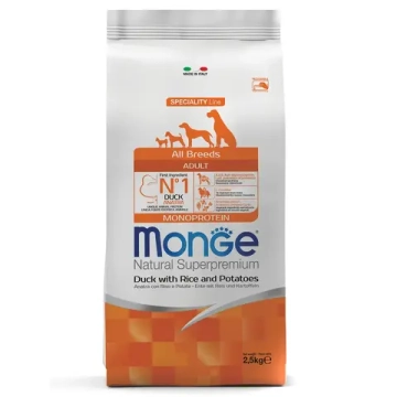 Сухой корм Monge Dog Speciality Line Monoprotein для взрослых собак всех пород, из утки с рисом и картофелем