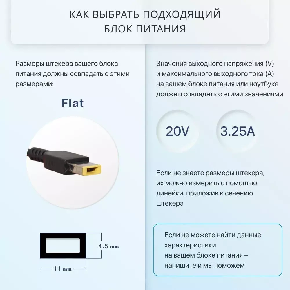 Блок питания (сетевой адаптер) для ноутбуков Lenovo 20V, 3,25A, 65W (прямоугольный разъем)