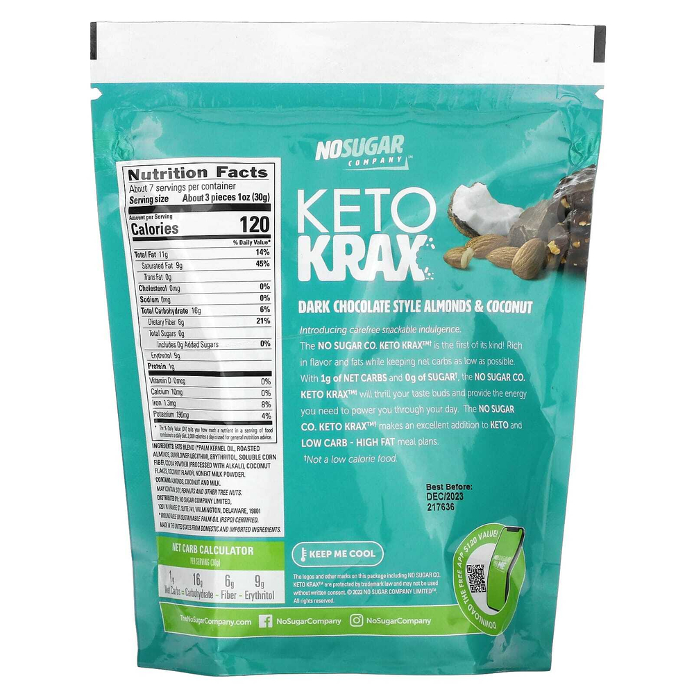 No Sugar Company, Keto Krax, темный шоколад с миндалем и кокосом, 200 г (7,05 унции)