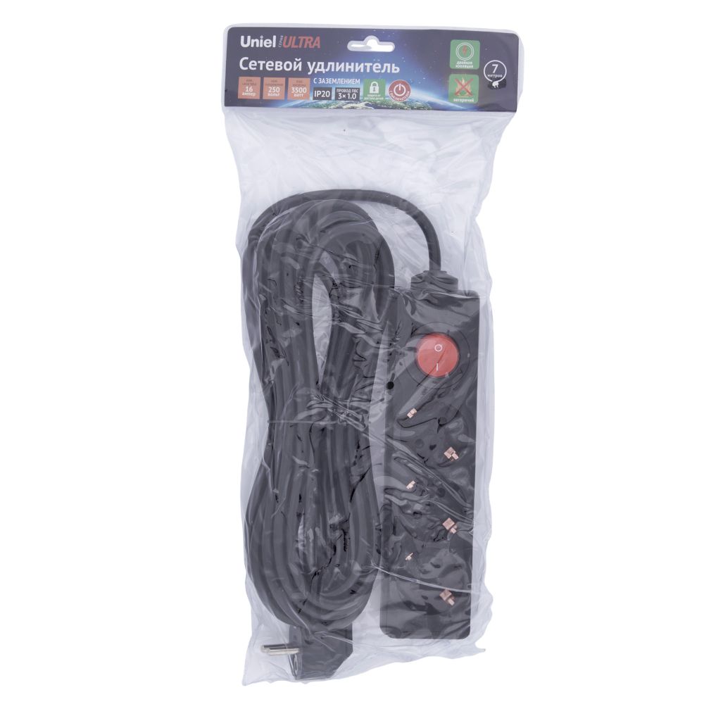 S-GCU3-7B BLACK Удлинитель серии Ultra. шнур 7м.. 3 гнезда. 16A. с-з. Черный. TM Uniel