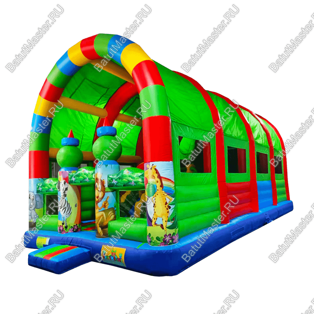 Надувной батут "Страна Сафария" с крышей и высокими горками,зеленый, 11*6*6