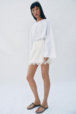 ZARA ЮБКА-ШОРТЫ С КРУЖЕВНЫМ НИЗОМ, ЭКРЮ