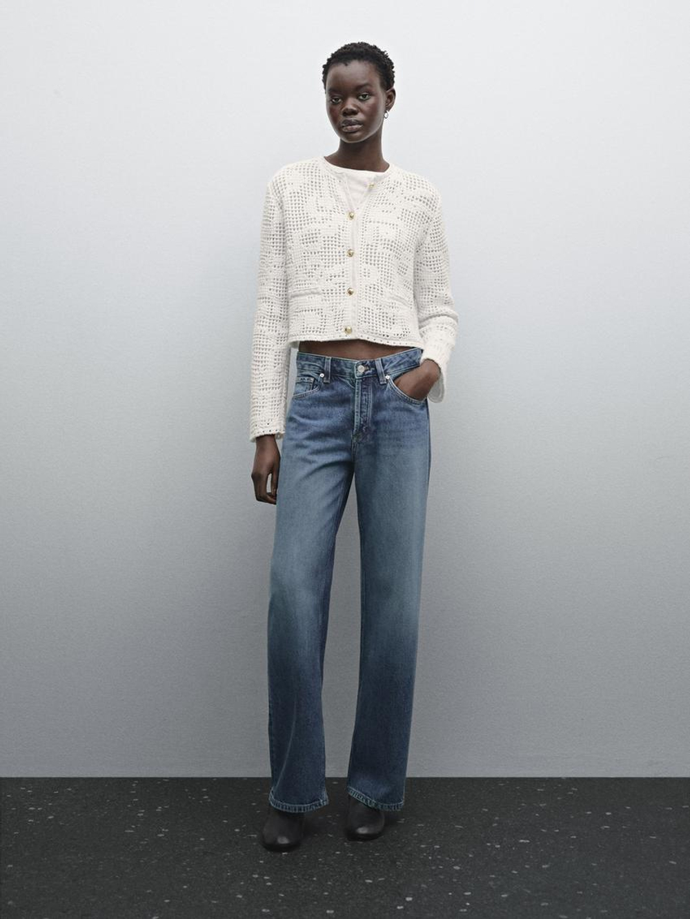 Massimo Dutti Кардиган из кружева кроше с пуговицами со стразами, натуральный, кремовый