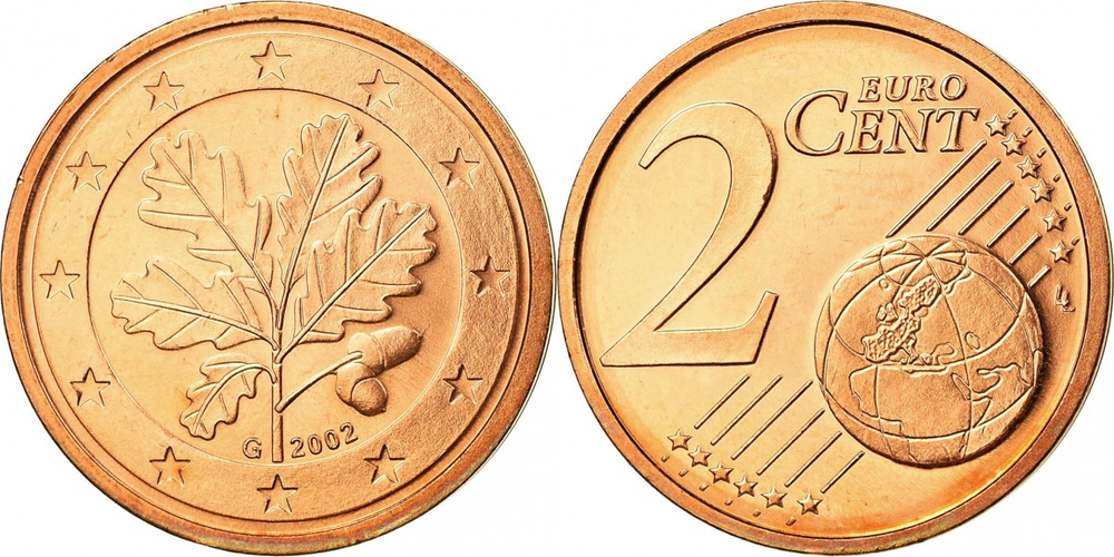 Германия 2 евроцента, 2002-2024 Ветвь дуба XF